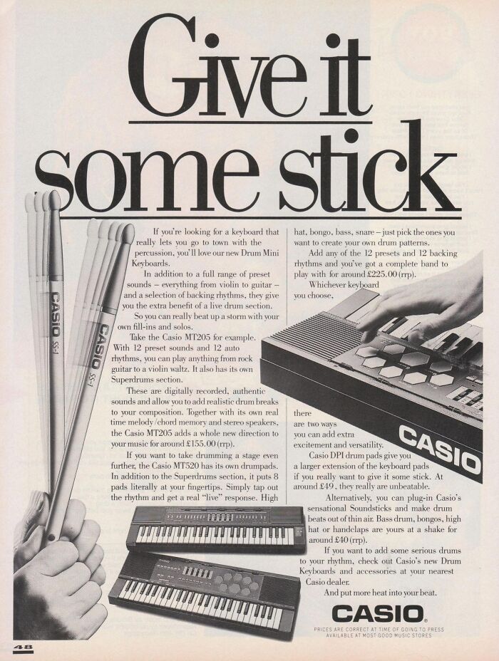 Vintage-Commercials: Retro Casio keyboard ad with bold text, showcasing drum sticks and electronic keyboards.