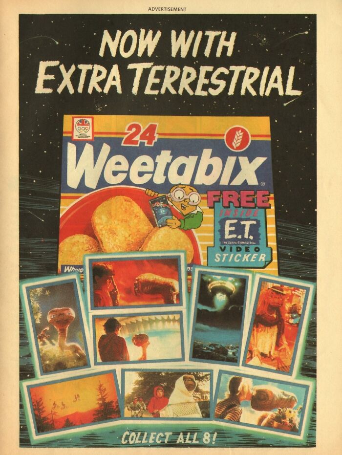 Vintage-commercials advertisement featuring Weetabix cereal with E.T. collectibles and promotional images.