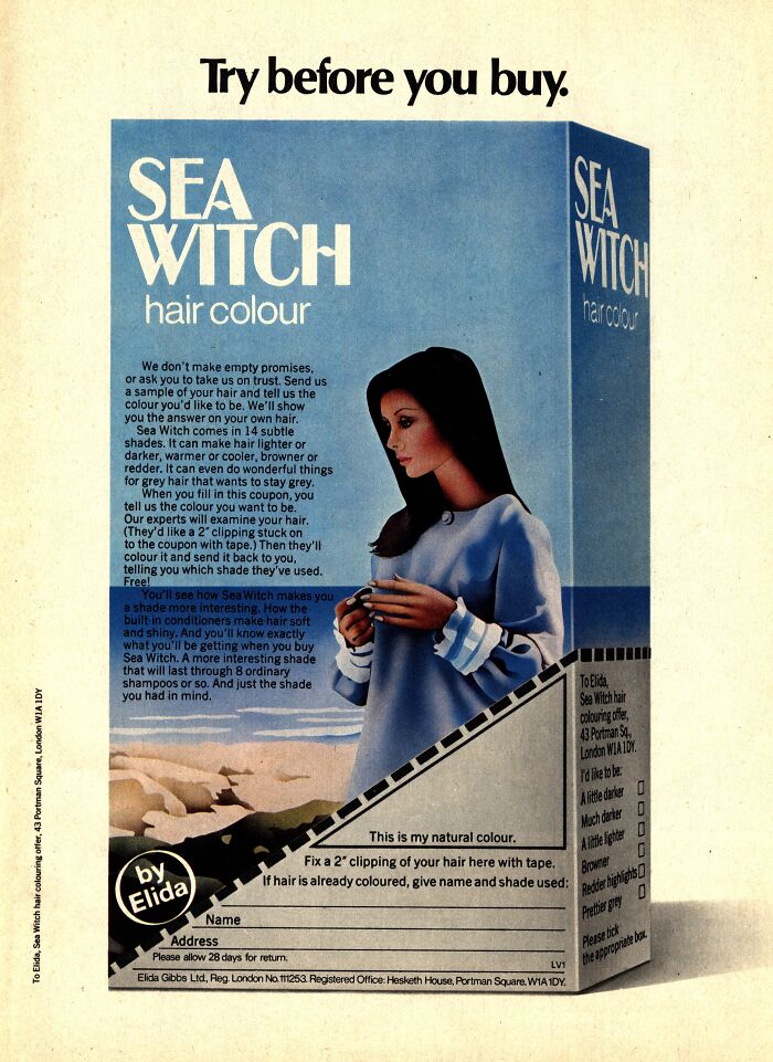 Vintage-Commercials: Sea Witch hair color ad features a woman in blue holding hair samples with "Try before you buy" slogan.