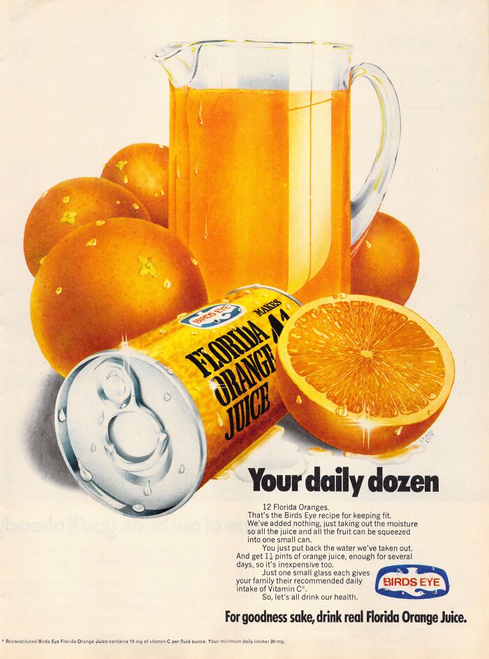 Vintage-Commercials: Retro advertisement featuring a pitcher of Florida orange juice, a can, and fresh oranges.