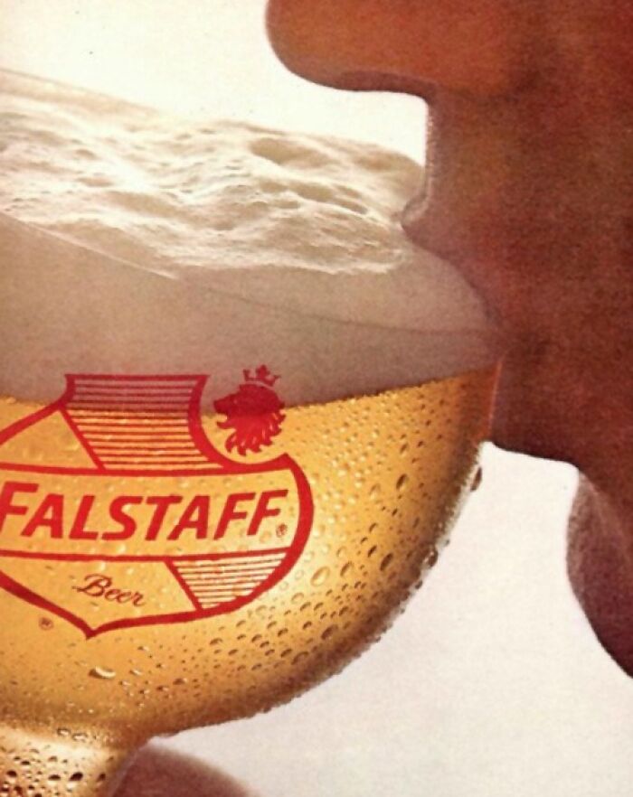Close-up of a person drinking Falstaff beer in a vintage-commercial style.