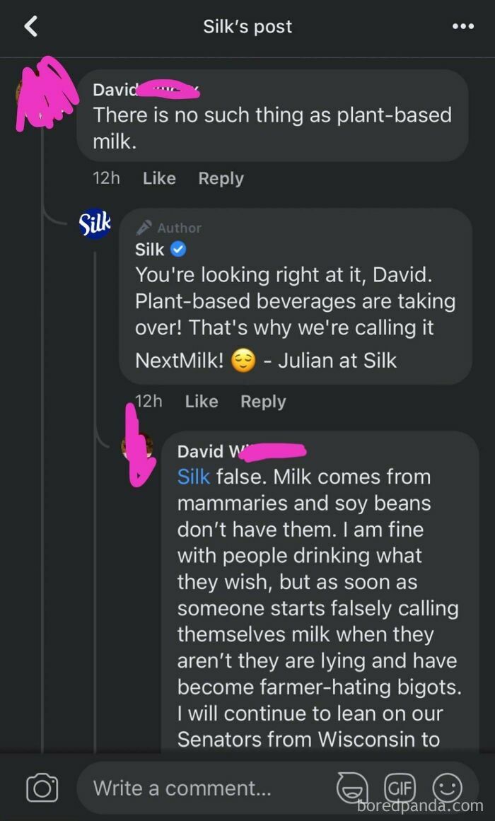 Online argument over plant-based milk, highlighting anger about terminology.