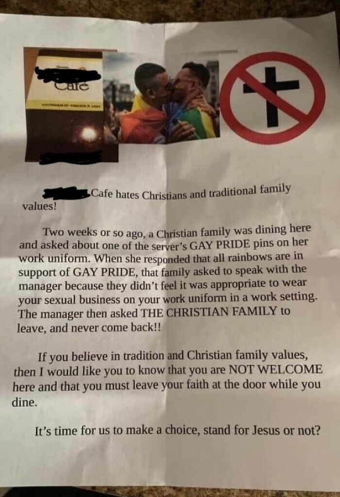 Flyer displaying anti-LGBTQ message with images and text about religious beliefs, sparking anger over trivial matters.