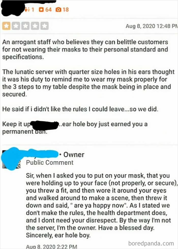 Customer review about mask rules; owner responds calmly addressing a man's anger over trivial issues.