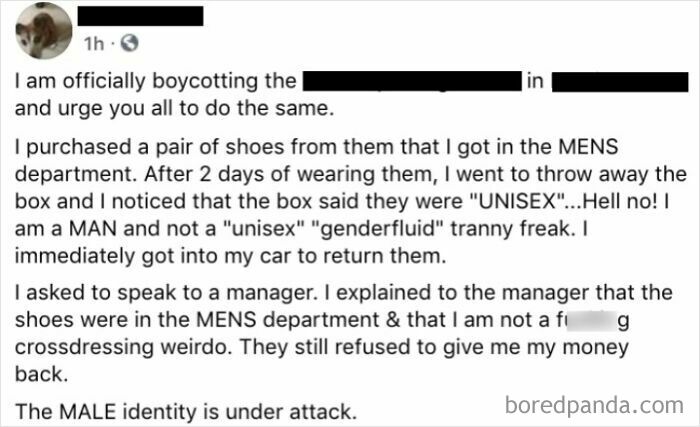 Text image showing a man angry about buying unisex shoes, claiming they threaten male identity.