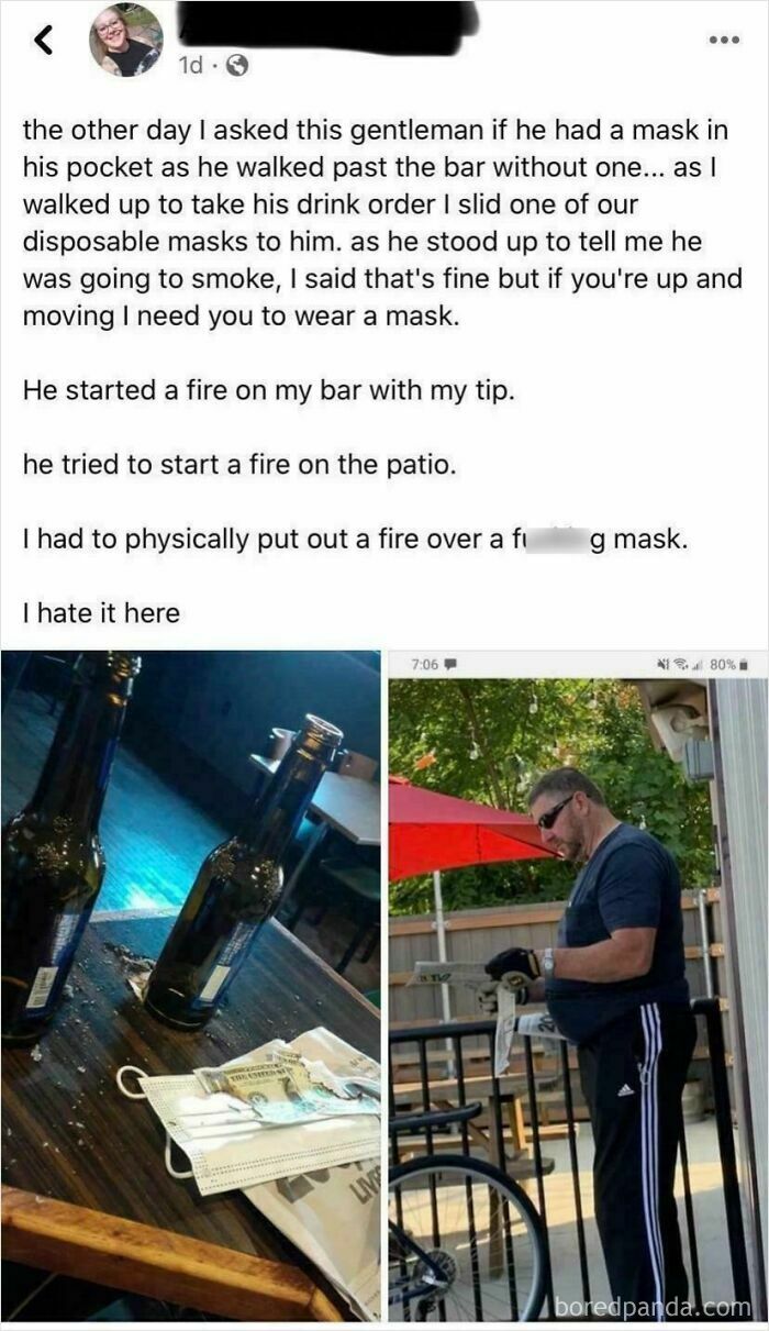 Man getting extremely angry, causing a scene over mask policy, with burnt money and a patio setting.