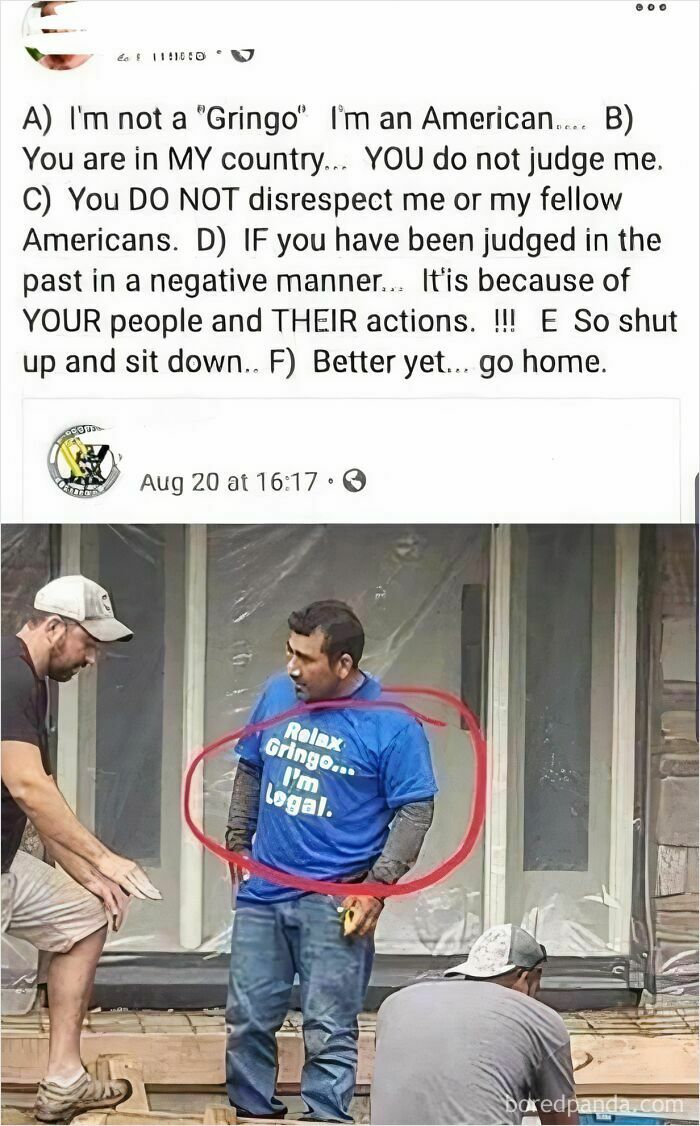 Man wearing a shirt that says "Relax Gringo... I'm Legal." A screenshot of a Facebook post highlights the text.