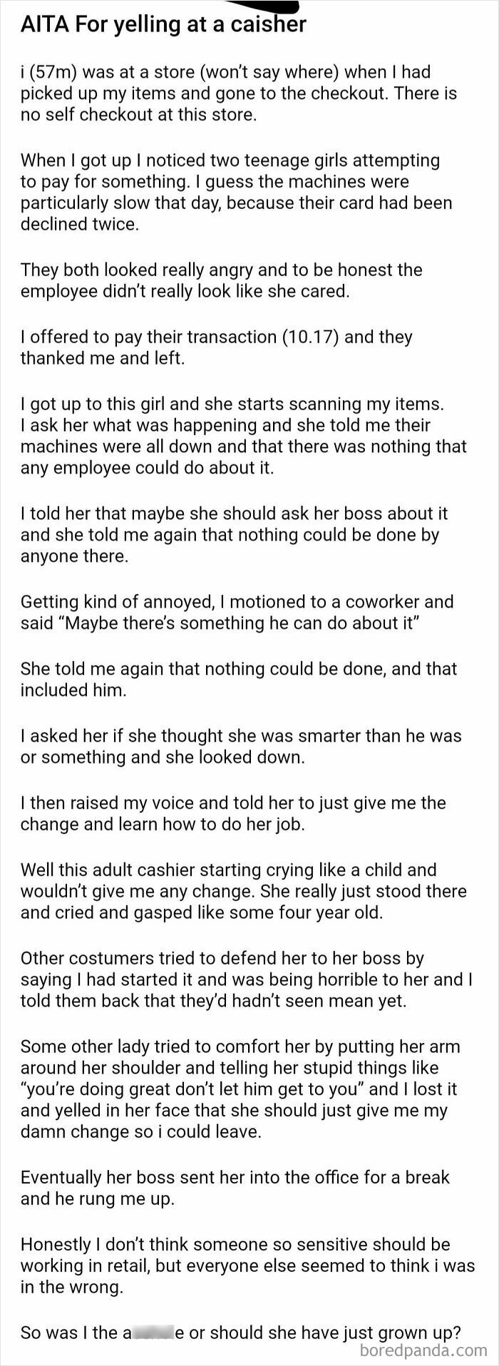 Text post about a man's experience getting angry at a cashier.