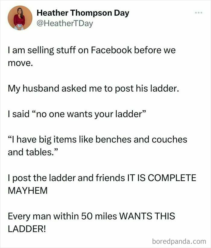 Humorous meme about unexpectedly popular ladder sale on Facebook.