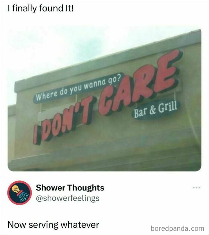 Sign for "I Don't Care Bar & Grill" humorously suggests randomness, fitting for winter blues memes.