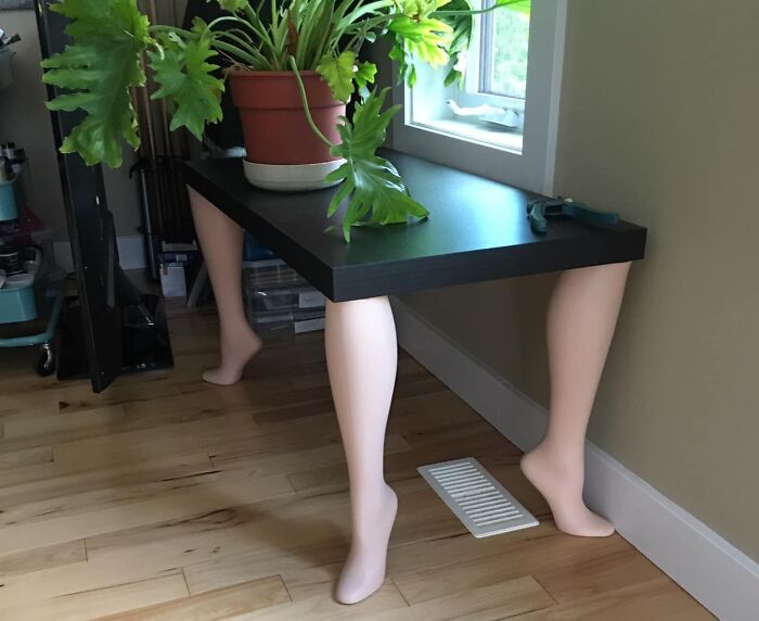 DIY project featuring a tabletop with mannequin legs and a potted plant near a window.