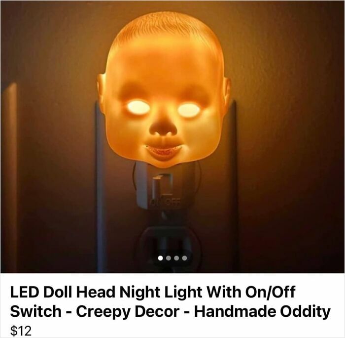 LED night light with a doll head design, part of a horrendous DIY project collection for craft shaming.