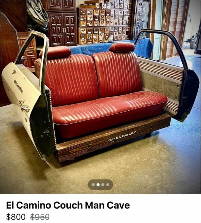 El Camino car doors repurposed into a couch with red seats, labeled "El Camino Couch Man Cave," priced at $800.