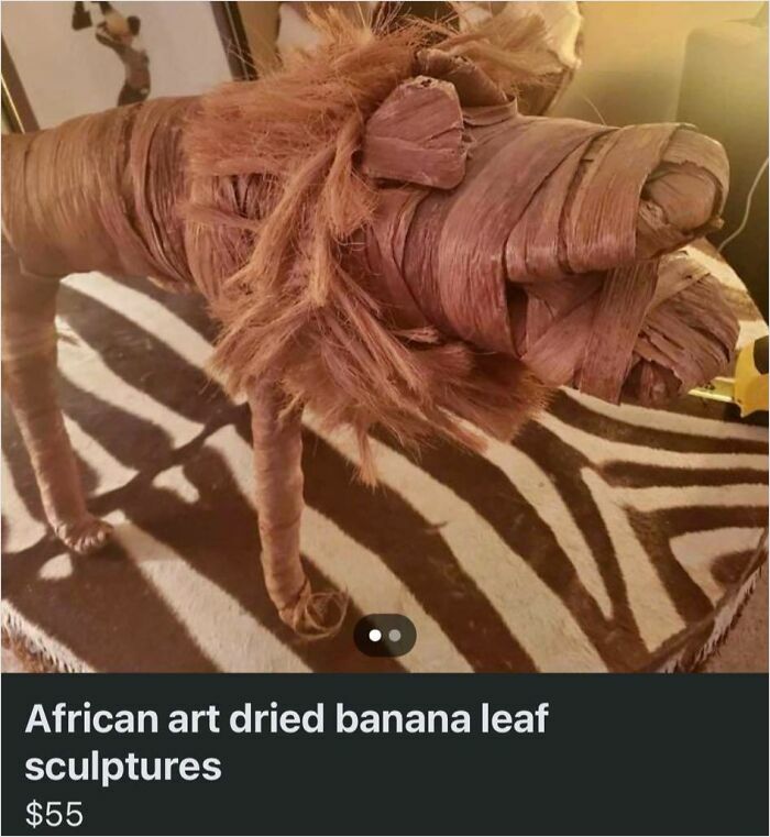 DIY project featuring a lion sculpture made from dried banana leaves, showcasing unique craft techniques.