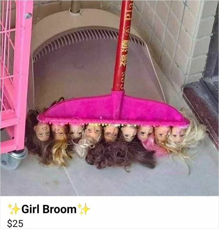 Creative DIY broom with doll heads used as bristles, showcasing a unique craft project.