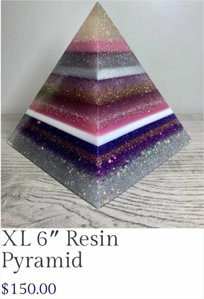Horrendous DIY resin pyramid with multicolored glitter layers, priced at $150.