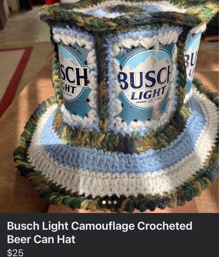 Busch Light cans in a crocheted hat, showcasing a horrendous DIY craft project with camouflage yarn.