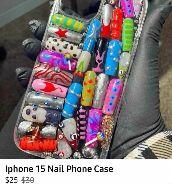 DIY project showing a colorful, mismatched nail art iPhone case with a reduced price tag.