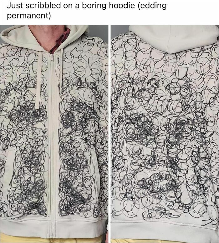 DIY project showing a hoodie covered in chaotic black scribbles, illustrating a crafting mishap.