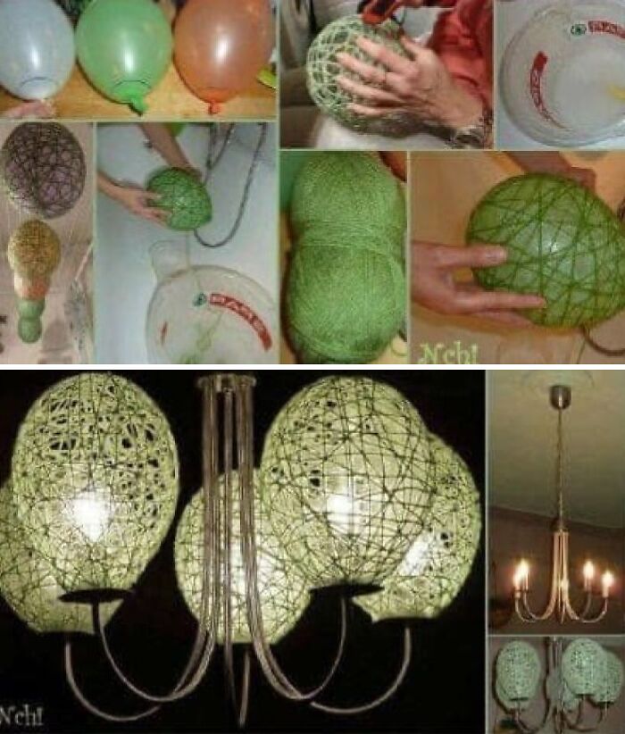 Horrendous DIY project using balloons and yarn to create a chandelier, part of a craft shaming collection.