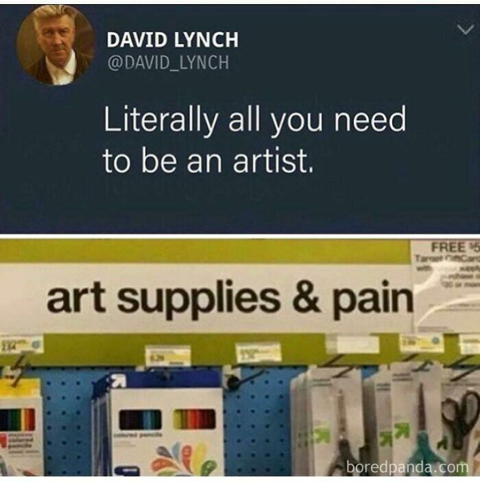 Meme showing art supplies sign humorously altered to say art supplies and pain, related to dopamine and brain boost.