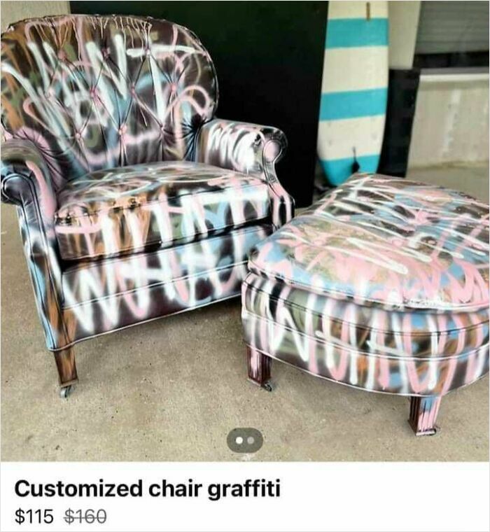 Graffiti-covered chair and ottoman indoors, part of DIY projects to be shamed.