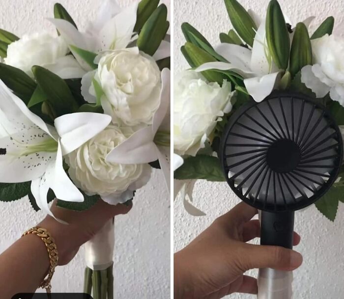 DIY project with flowers and a hidden fan, showcasing a humorous craft fail.