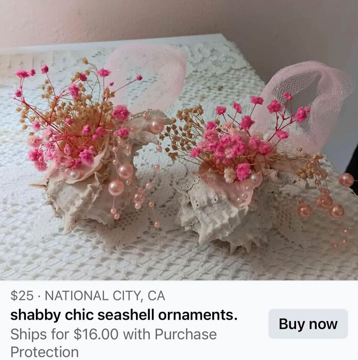 Shabby chic seashell ornaments with pink flowers and pearls, possibly a failed DIY craft project.