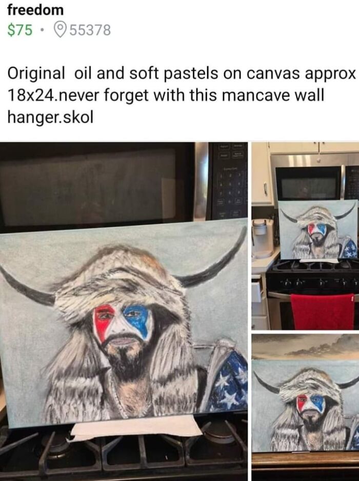 DIY project: a painting of a bearded figure with colorful face paint and fur headdress on a stovetop, priced at $75.