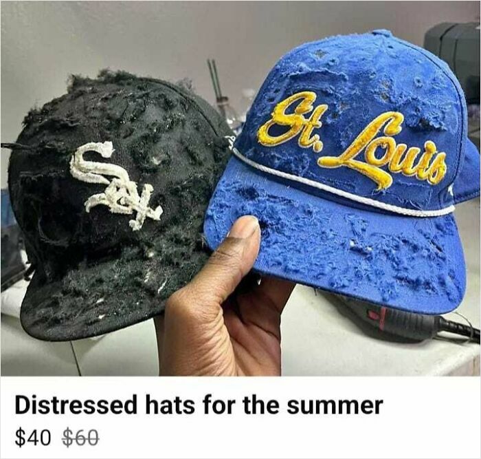 Two distressed DIY hats, one black and one blue, displayed as summer fashion.