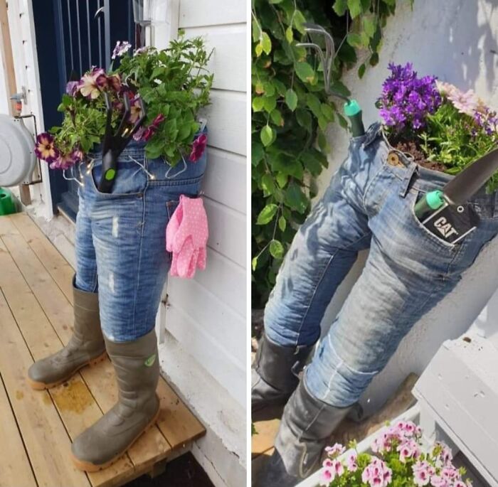 Jeans and boots transformed into DIY planters on a porch, showcasing a unique and humorous craft idea.