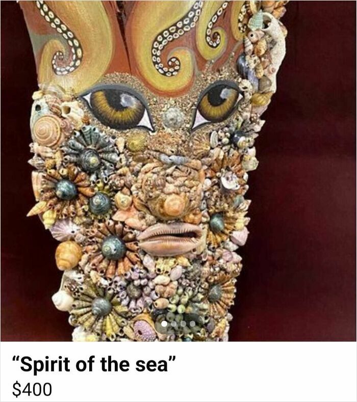 Horrendous DIY project featuring a face made from seashells and beads, titled "Spirit of the Sea," priced at $400.
