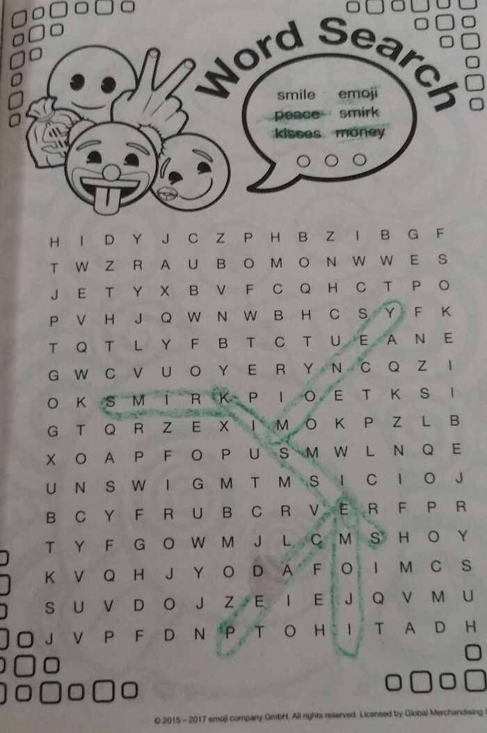 Poorly designed word search puzzle with emojis, featuring circled words like "smirk" and "money" in green.