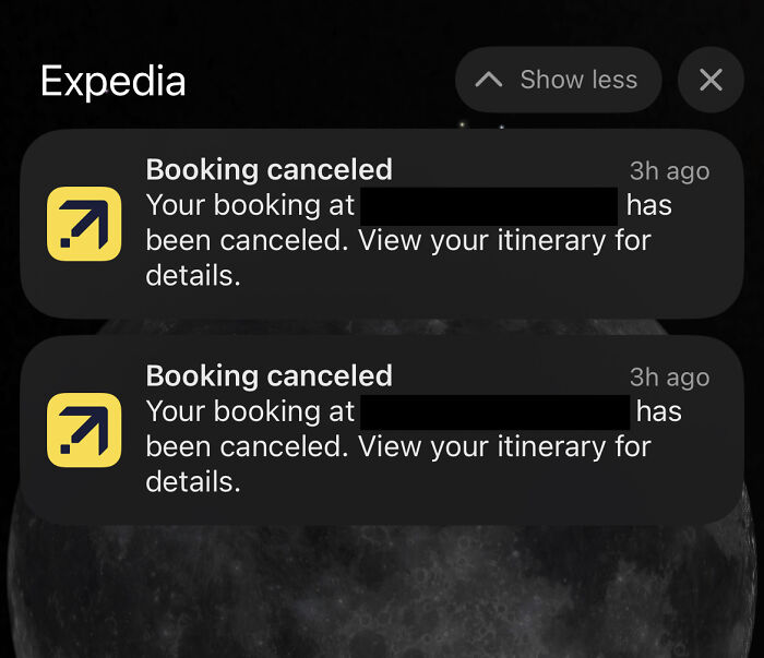 Expedia app showing notifications of cancelled reservations with details to view the itinerary.