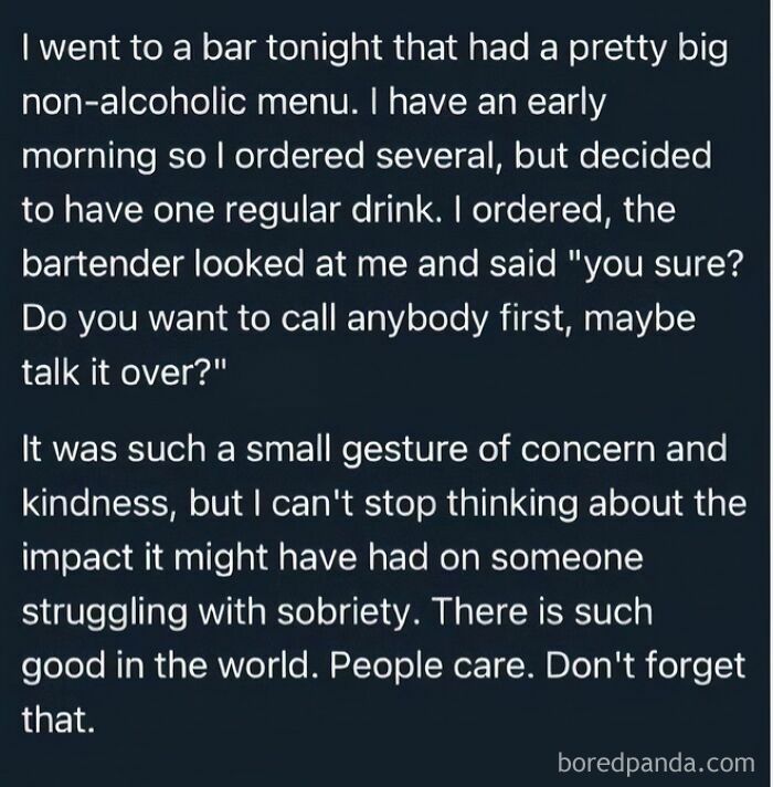 Text post highlighting a bartender's gesture of concern and kindness towards sobriety, showcasing Tumblr's "ugly side."