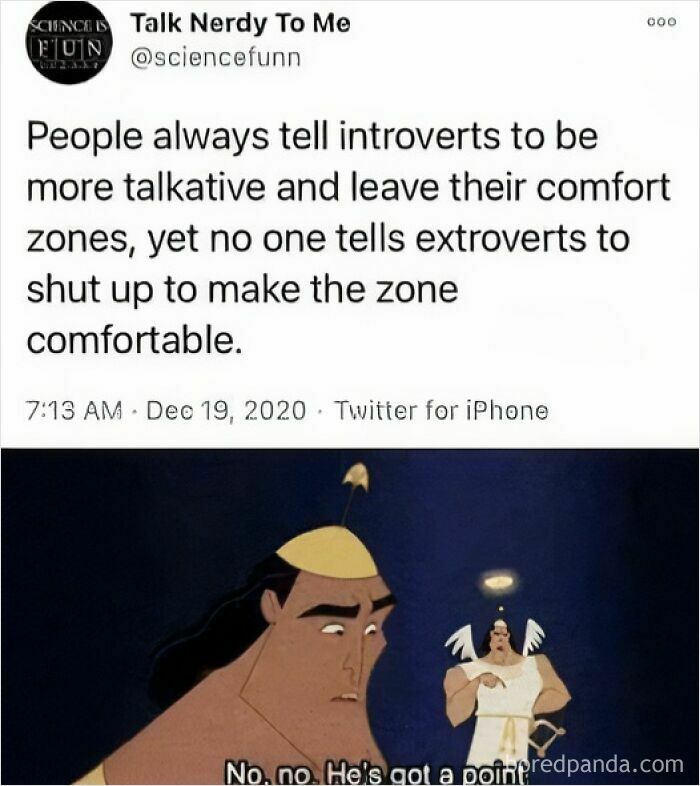 Tweet humorously highlighting introvert-extrovert dynamic from Tumblr, with a cartoon character agreeing in the meme below.