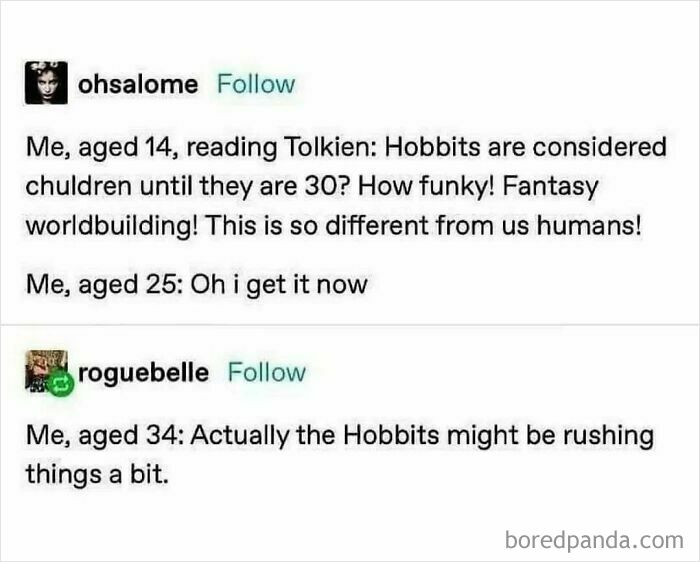 Funny post highlighting Tumblr's humor about Hobbit ages in Tolkien's world, reflecting on maturity at different ages.