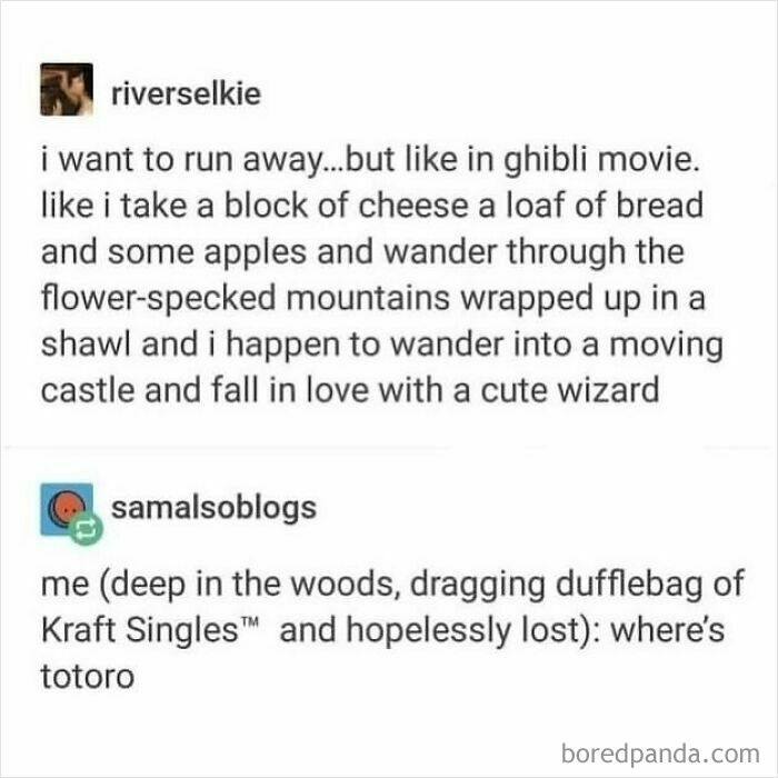 Two Tumblr posts humorously contrast adventure fantasies with being lost in the woods with cheese, highlighting Tumblr's funny side.