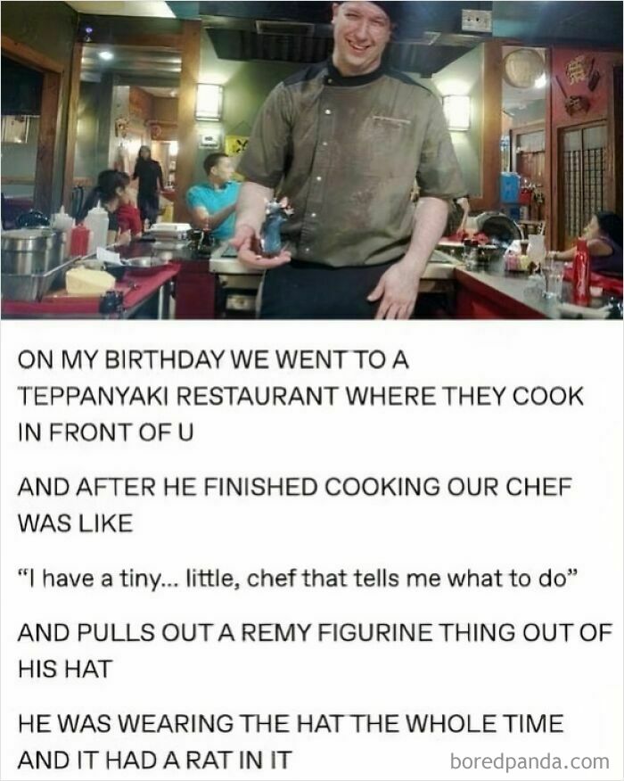 Chef at teppanyaki restaurant humorously holds up a Remy figurine from Ratatouille, highlighting Tumblr's funny side.