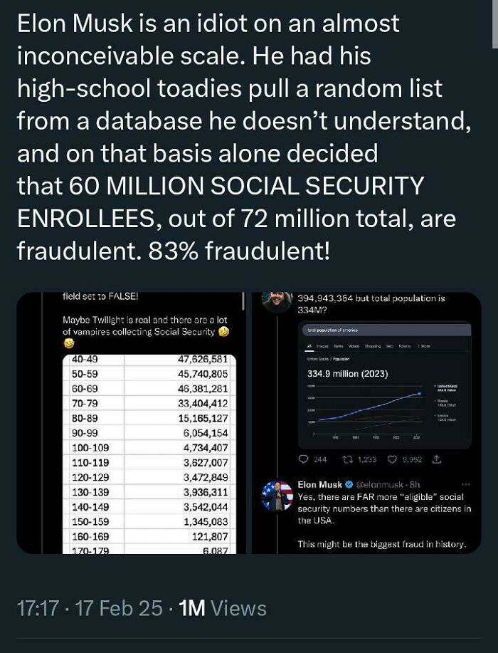 Tweet criticizing a claim about Social Security enrollment fraud, emphasizing a facepalm moment.