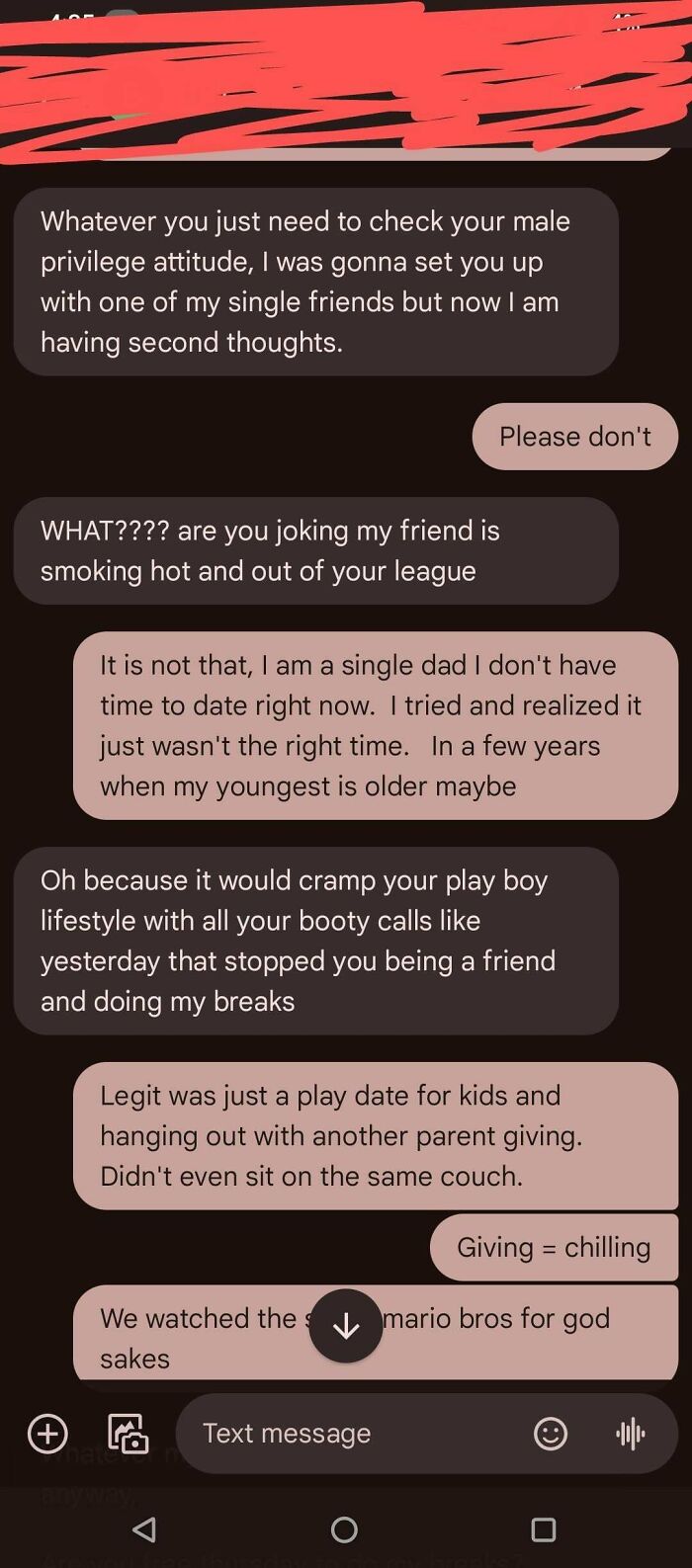 Text conversation about relationship expectations and misunderstandings.