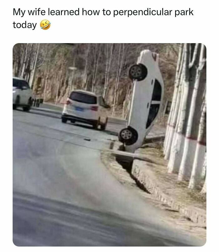 Car parked perpendicularly on a street, illustrating dad humor about "perpendicular parking" with a laughing emoji.
