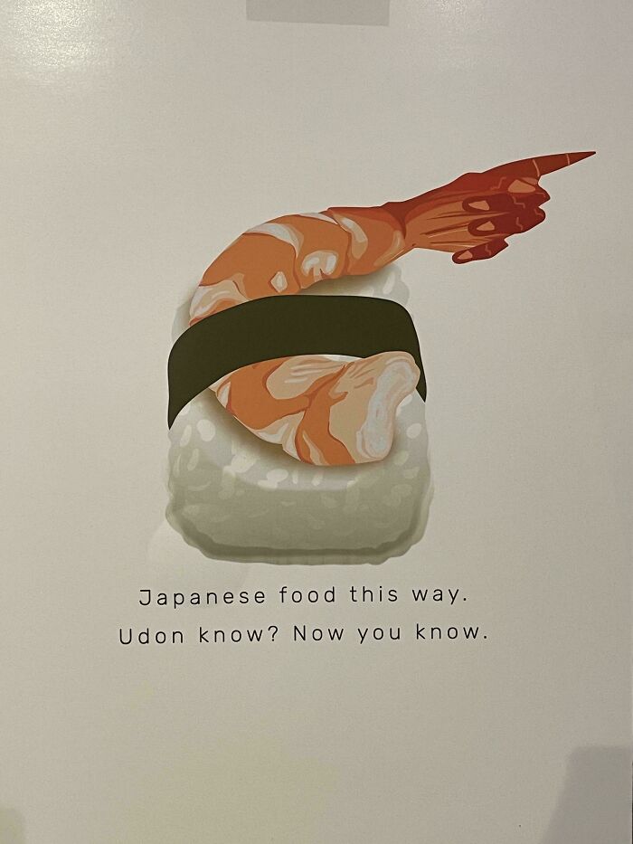Illustration of a shrimp sushi piece with a pointing hand, showcasing clever design making the world smarter and cooler.