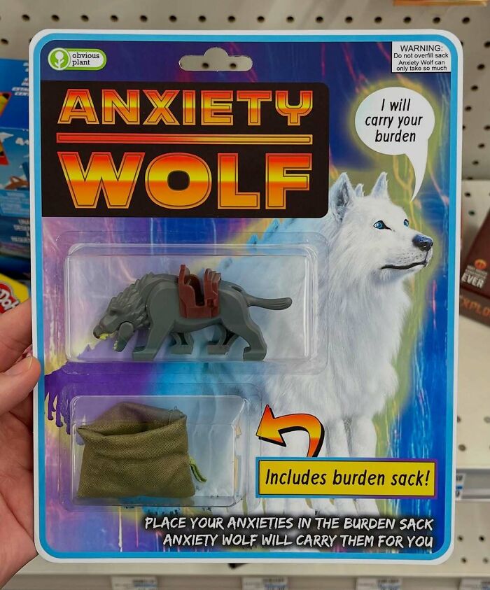 Funny fake product Anxiety Wolf toy with burden sack, part of guy sneaking fake products into real stores series.