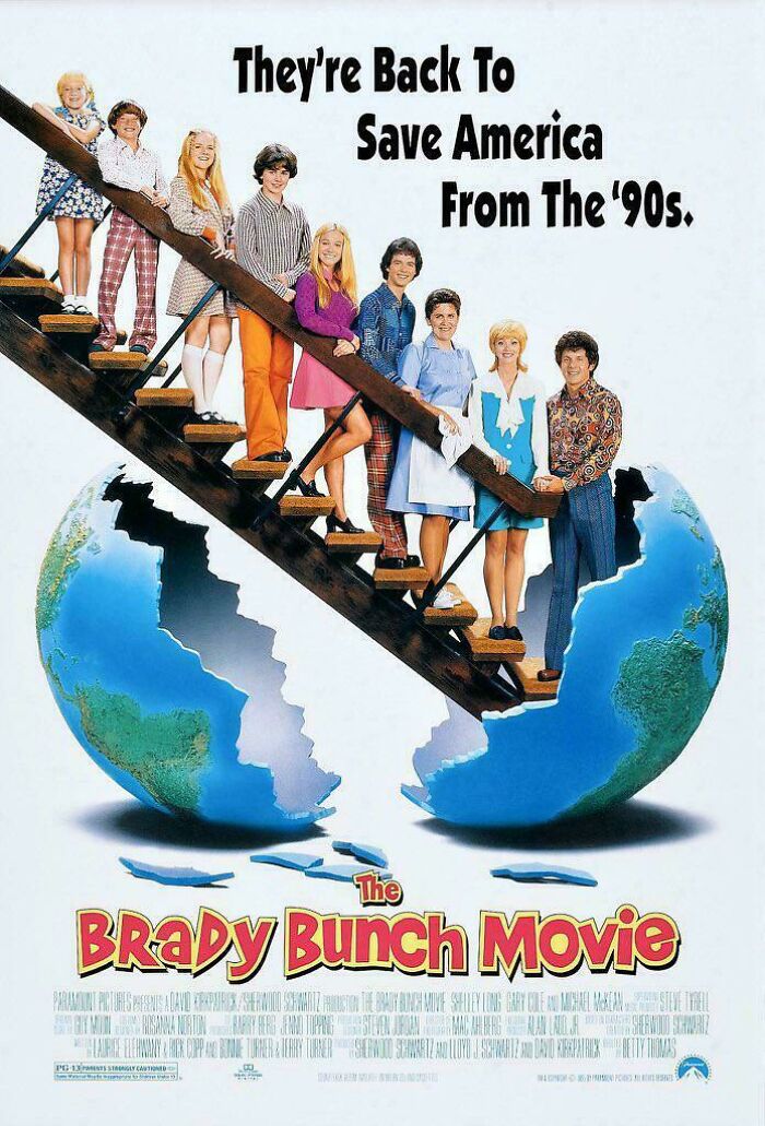 Brady Bunch Movie poster with cast on stairs, globe background, '90s theme.