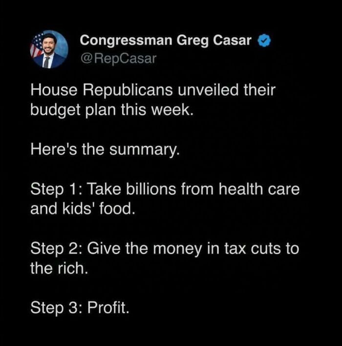 Tweet describing a budget plan that suggests taking funds from healthcare and kids’ food for tax cuts to the rich.