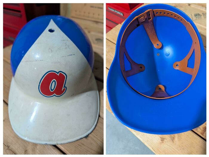 Vintage baseball helmet with "a" logo evokes nostalgia and makes you feel old.