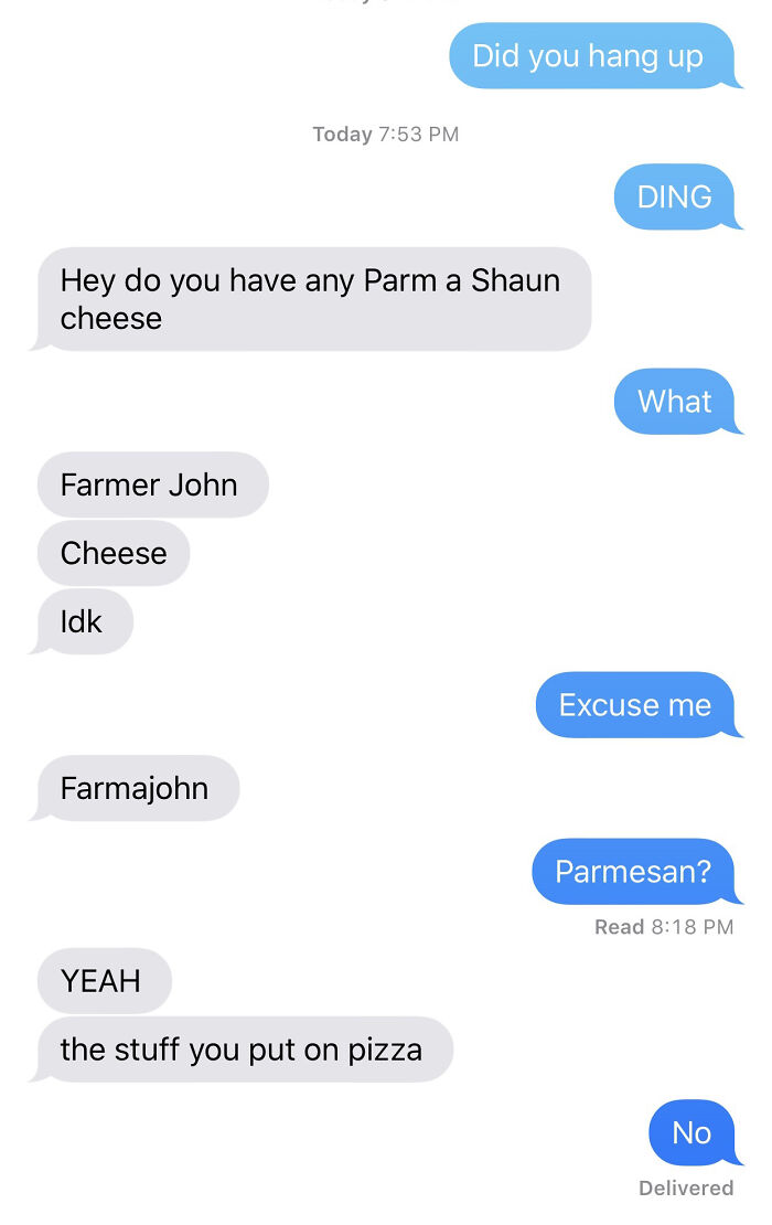 Text conversation with ridiculous word spellings, humorously attempting to spell "Parmesan cheese."