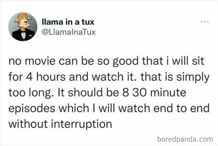 A comical meme about preferring 30-minute episodes over a 4-hour movie.