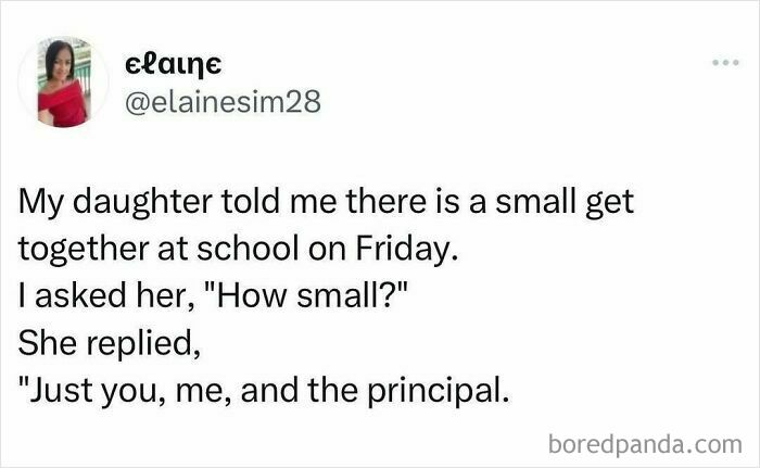 Tweet featuring a funny school meme about a small get-together including just the parent, child, and principal.